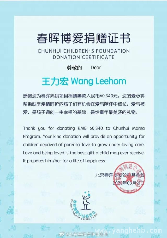 王力宏将名誉维权赔偿款捐公益，善举获网友称赞，名誉维权赔偿款捐赠，王力宏传递爱与正能量