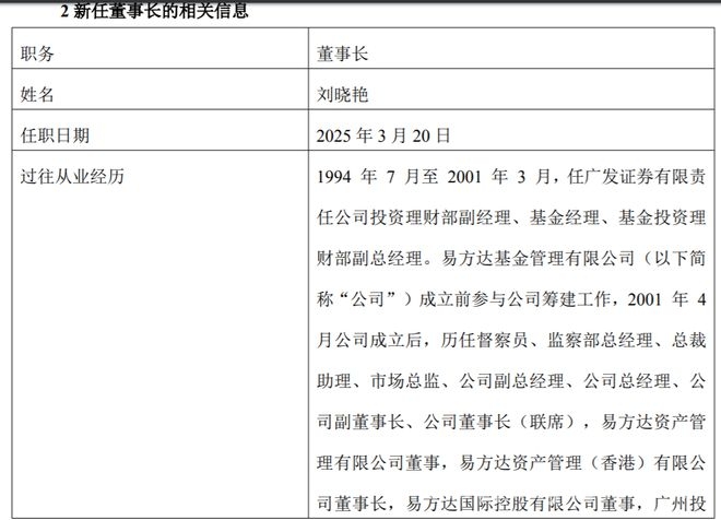 易方达董事长变更，刘晓艳挑起重担，3月易方达大动作：刘晓艳接任董事长